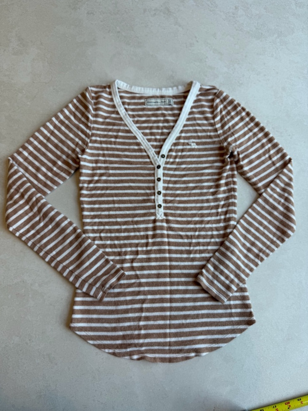 Striped Henley Long Sleeve Top - White & Light Brown